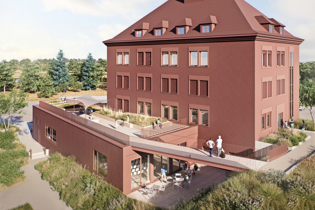 Rendering des neuen Museums aus der Gartenperspektive.
